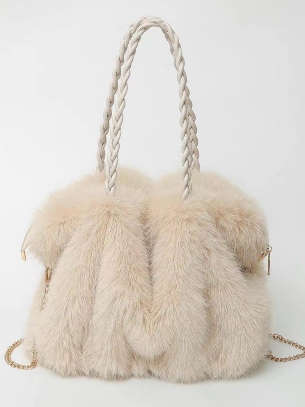 Boutique Plush Faux Fur Winter White Tote Shoulder Bag Crossbody Tote Brown NWT
